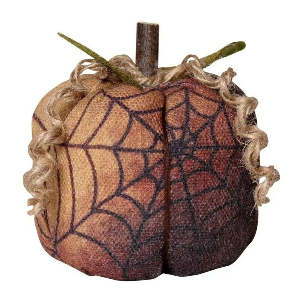 Primitive Halloween PUMPKIN Spider Web Fabric, Wood Stem 3x3"